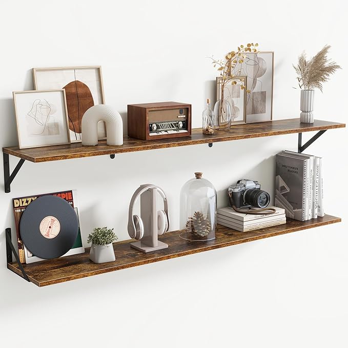 55" Long Wall Mounted Floating Shelves,8 inch Deep Floating Shelf with Metal Brackets Set of 2,Easy-to-Install Wall Decor Storage Ledges for Living Room,Bathroom,Bedroom,Kitchen,Office,Rustic Brown