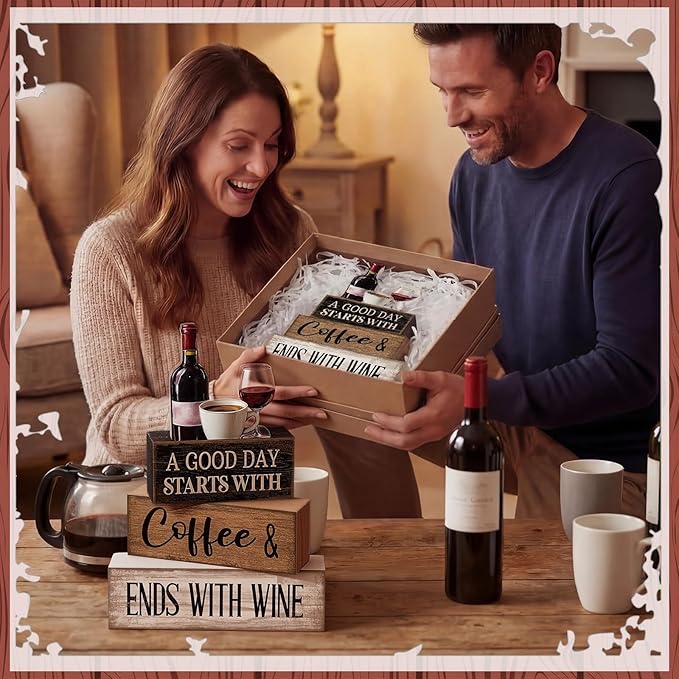 4 Pcs Farmhouse Table Decor Wooden Stacked Block Sign with Wine Bottle, Coffee Cup & Glass Sculpture a Good Day Starts with Coffee Ends with Wine Sign for Home & Bar Housewarming Gift
