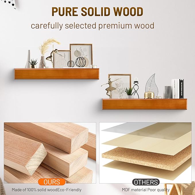 24 Inch Picture Ledge Shelf with Lip,Floating Shelves for Wall, Set of 2 Solid Pine Wood Shelves with Invisible Brackets, Wall Storage for Living Room, Bedroom, Kitchen, Bathroom(Dark Brown)