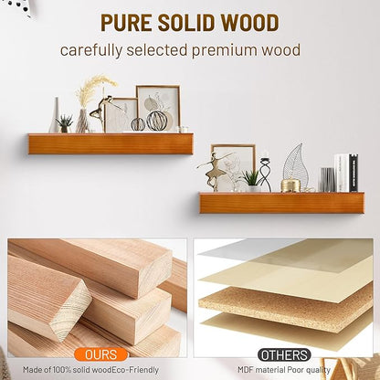 24 Inch Picture Ledge Shelf with Lip,Floating Shelves for Wall, Set of 2 Solid Pine Wood Shelves with Invisible Brackets, Wall Storage for Living Room, Bedroom, Kitchen, Bathroom(Dark Brown)