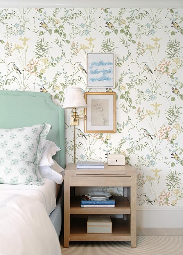 Erfoni 16.9" x197" Modern Floral and Birds Wallpaper Flower Removable Peel and Stick Wallpaper for Bedroom Decorative Self Adhesive Wall Paper Boho Floral Leaf Contact Paper for Accent Walls Covering