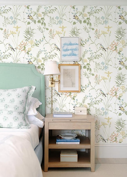 Erfoni 16.9" x197" Modern Floral and Birds Wallpaper Flower Removable Peel and Stick Wallpaper for Bedroom Decorative Self Adhesive Wall Paper Boho Floral Leaf Contact Paper for Accent Walls Covering
