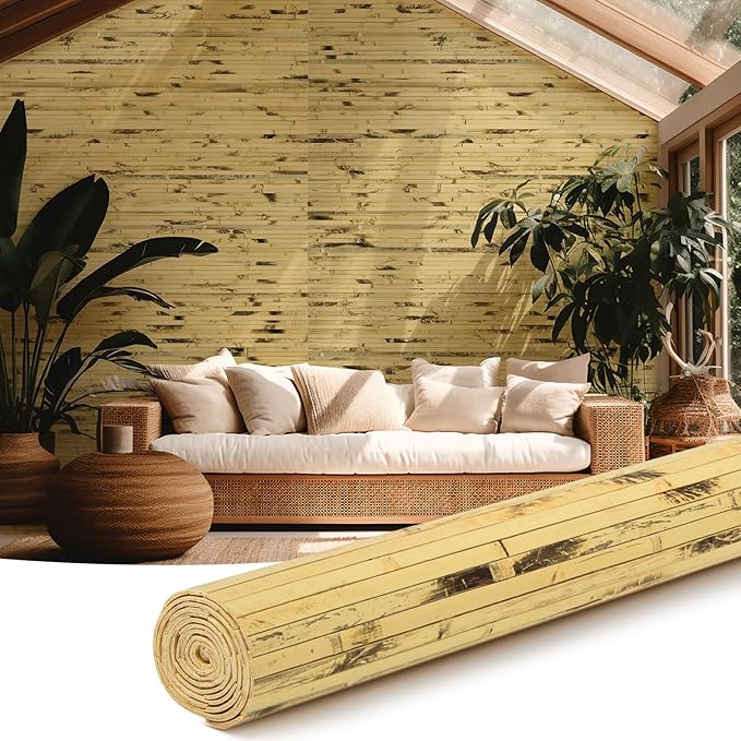 Juexica 1 Pcs Natural Bamboo Wall Panel for Interior Wall 48''x96'' Bamboo Covering Renewable Pole Wainscoting Room Divider Wrap Decor for Bedroom Living Room Kitchen Island Office (Light Burned)