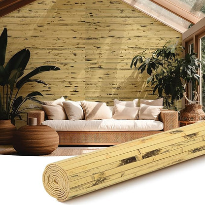 Juexica 1 Pcs Natural Bamboo Wall Panel for Interior Wall 48''x96'' Bamboo Covering Renewable Pole Wainscoting Room Divider Wrap Decor for Bedroom Living Room Kitchen Island Office (Light Burned)
