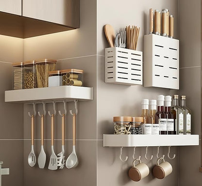 SEIDO Space-Saving Kitchen Utensil Holder | No-Drill Shelf Organizer | Wall Mount Spice Rack with Hooks | Space Aluminum | 24 Inch Long | White | 2-Piece Set