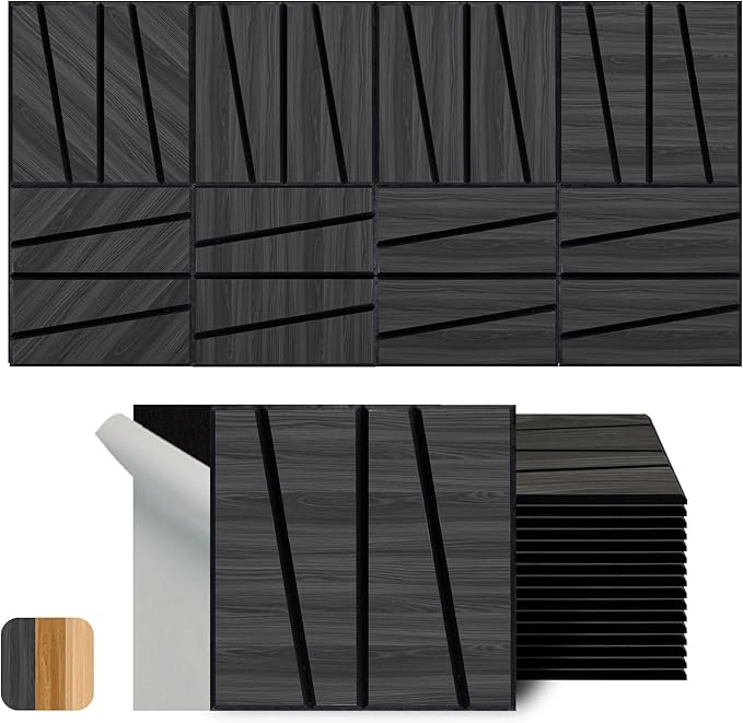 WoveN SounD Artisan Acoustic Wall Panels, 16 Pack 12x12 Inch, Wood Veneer Carved Sound Proof Wall Decor, Self-Adhesive for Home, Studio, Office & Focus Zones, Cut Prism, Black Oak