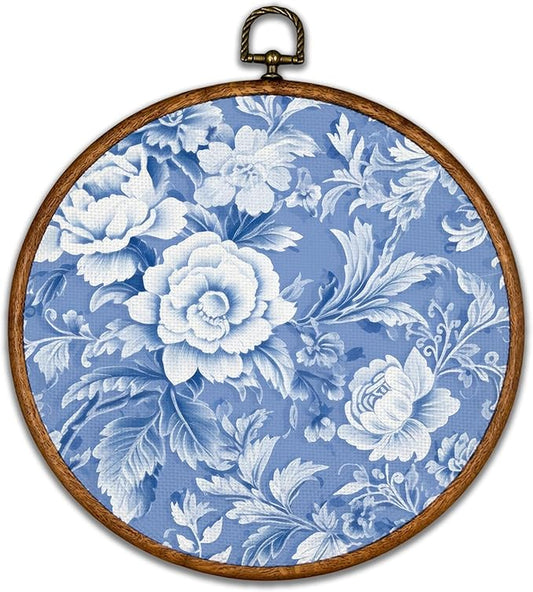 KSDUT Aesthetic Blue Flower Retro Wall Art Decor - Botanical Neutral Mid Century Modern Wall Art Canvas Frame Hanging Prints, Vintage Landscape Round Wall Art Decor for Home Decorations 10"x10"