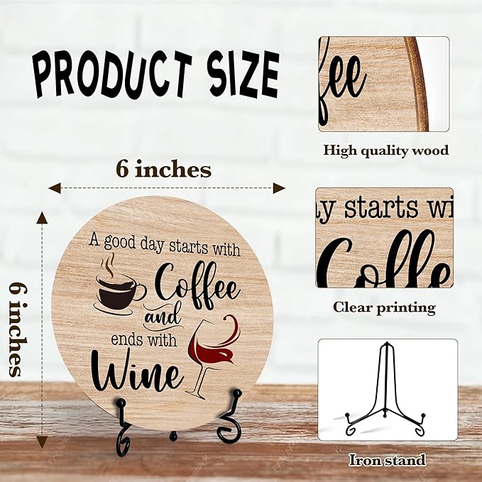 Coffee And Wine Desk Decor Sign, Rustic Funny Wooden Box Plaque, A Good Day Starts With Coffee And Ends With Wine Wood Sign, Decor For Home Kitchen Tabletop, Wooden Round With Stand-06