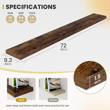 72 Inch Floating Shelves, 9.3" Deep Floating Shelf Wall Mounted, 72" Wall Shelves, Rustic Deep Bookshelf, Large Display Shelves & Storage Shelves for Bedroom, Living Room, Brown, Set of 2