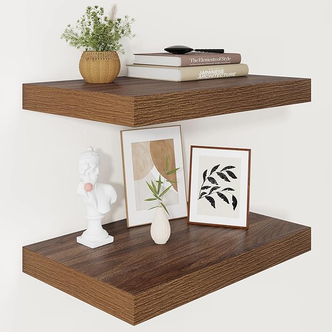 Vivelove Wide Floating Shelves for Wall 12 Inch Deep, 16" X 12" X 2" Floating Shelf, 2 Inch Thick Shelf for Living Room Bathroom Bedroom Kitchen Book Room, Rustic Farmhouse Decor Set of 2, Walnut