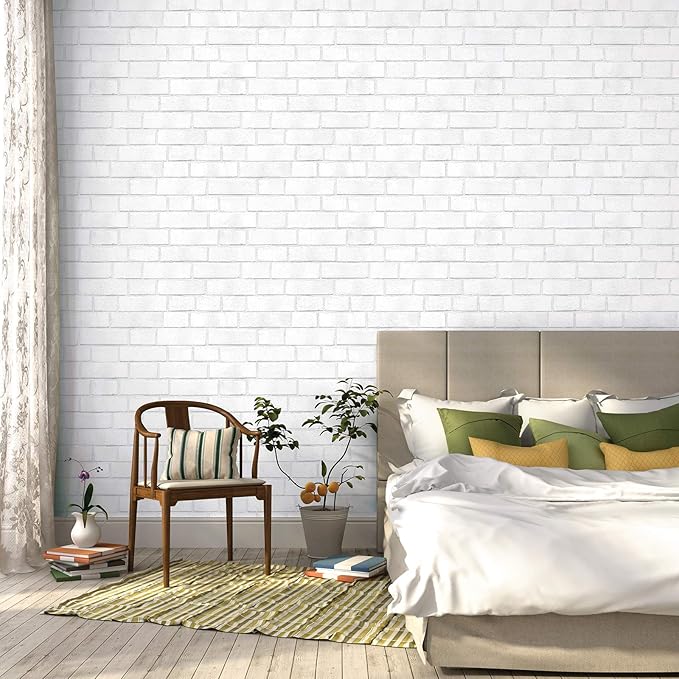 Tempaper Textured White Brick Removable Peel and Stick Wallpaper, 20.5 in X 16.5 ft, Made in the USA