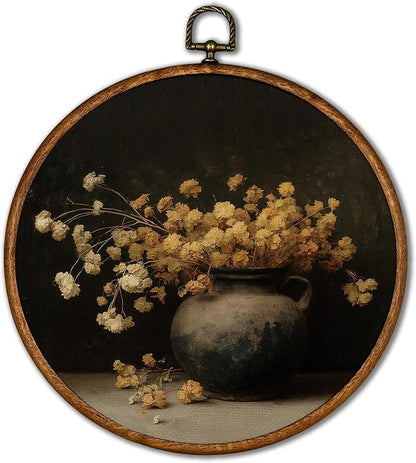 KSDUT Moody Flower Wall Art Decor - Retro Botanical Neutral Mid Century Modern Wall Art Canvas Frame Hanging Prints, Vintage Yellow Floral Round Artwork Decor for Home Decorations 10"x10"