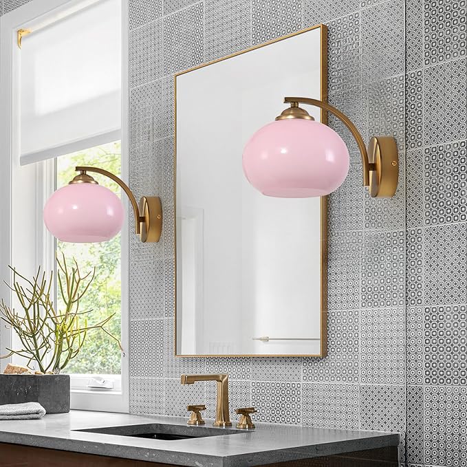 Mid Century Modern Wall Sconce Light Fixture Pink Glass Wall Sconce Lamp Brass Gold Wall Lighting Hardwired Globe Wall Lamp Vintage Bathroom Vanity Light Fixtures