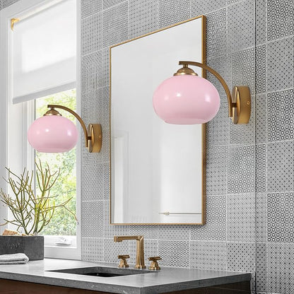 Mid Century Modern Wall Sconce Light Fixture Pink Glass Wall Sconce Lamp Brass Gold Wall Lighting Hardwired Globe Wall Lamp Vintage Bathroom Vanity Light Fixtures