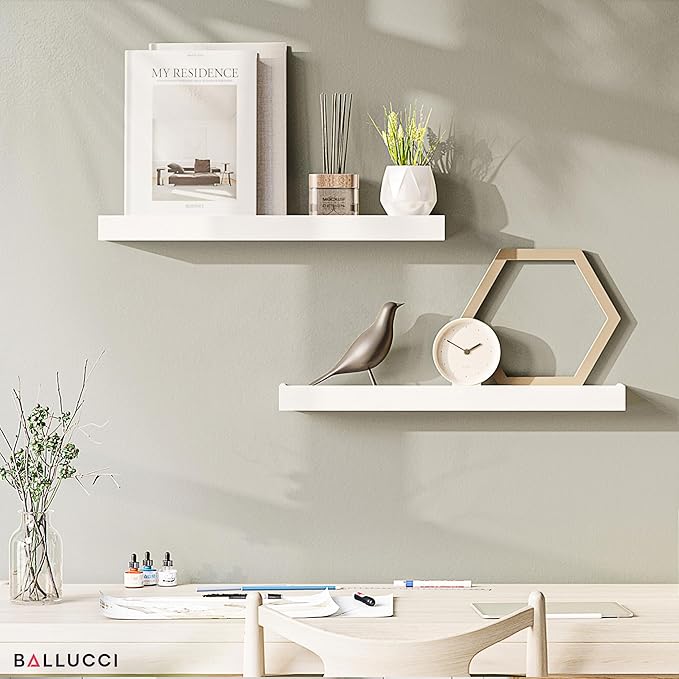 Ballucci Modern Floating Shelves 24", Set of 2 Wood Wall Mount Ledges for Nursery, Living Room, Bathroom, Kitchen, Office, White