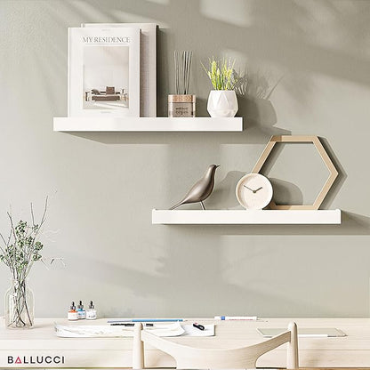 Ballucci Modern Floating Shelves 24", Set of 2 Wood Wall Mount Ledges for Nursery, Living Room, Bathroom, Kitchen, Office, White