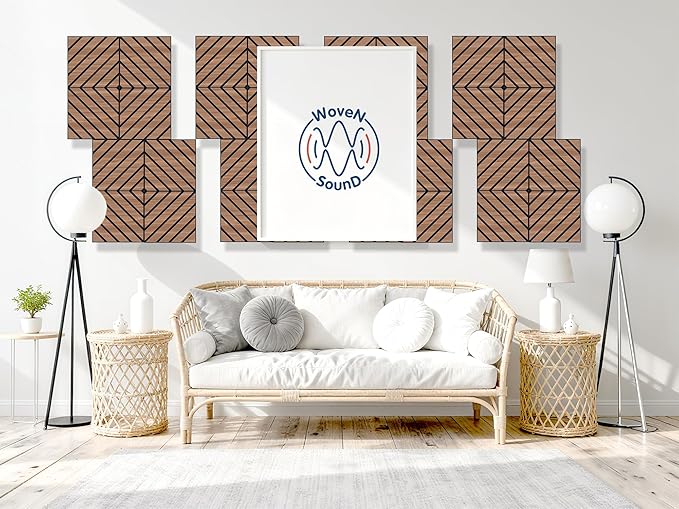 WoveN SounD Artisan Acoustic Wall Panels, 16 Pack 12x12 Inch, Wood Veneer Carved Sound Proof Wall Decor, Self-Adhesive for Home, Studio, Office & Focus Zones, Twill Pattern, Teak