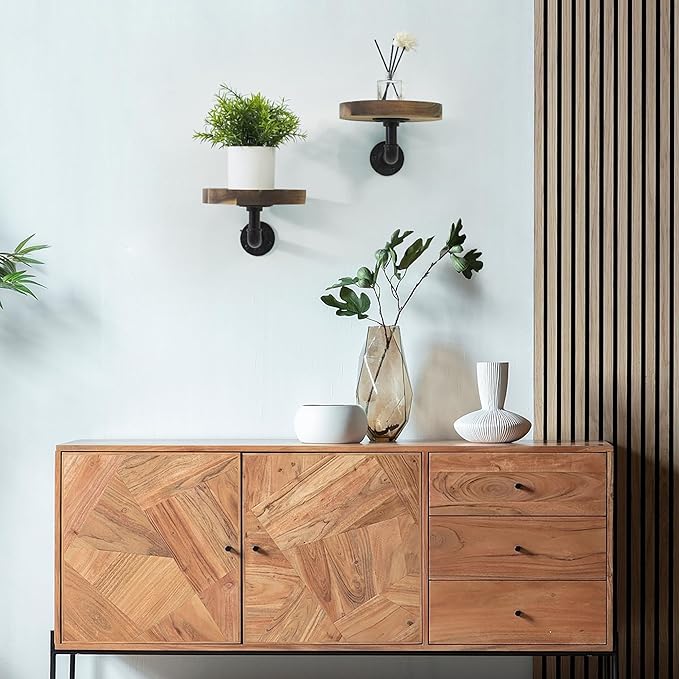 Round Wooden Floating Shelves Wall Mounted (Set of 2). Made of Acacia Wood. Industrial Pipe Brackets. A Unique Rustic Pedestal for Plants and Ornaments. Diameter 7.1 inches.