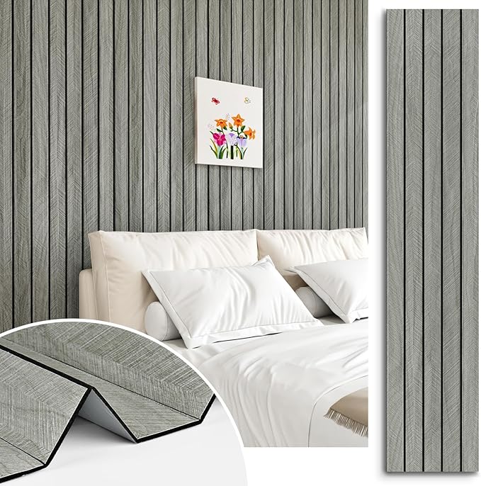 Grey Wood Wall Slat Panels Peel and Stick 3D Textured Fluted Wood Panels for Interior Wall Decor Self Adhesive Acoustic Wooden Paneling Sticker for Bedroom Studio TV Backgroud 23.6" x 120"