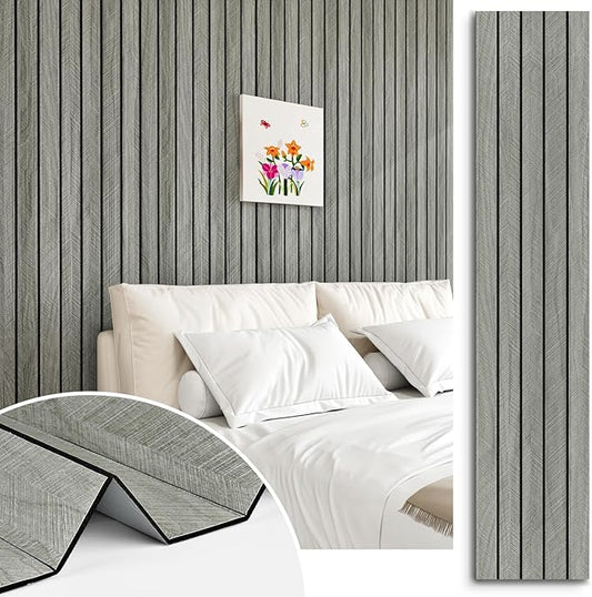 Grey Wood Grain Slat Panels for Interior Wall Decor 200"x23.6" Peel and Stick 3D Textured Fluted Wood Panels Self Adhesive Acoustic Wooden Paneling Wallpaper for Bedroom Living Room Studio