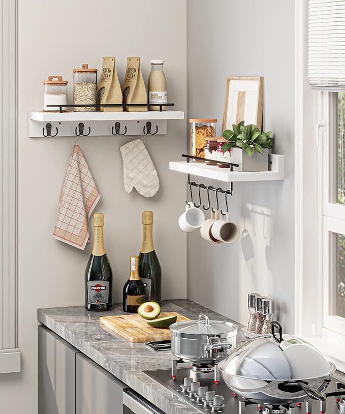 2 Floating Shelves with Hooks, Wall Mounted Coat Rack, Bathroom Shelf with Removable Towel Bar, Hanging Shelves with 9 Hooks, White