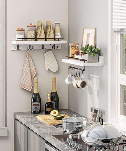 2 Floating Shelves with Hooks, Wall Mounted Coat Rack, Bathroom Shelf with Removable Towel Bar, Hanging Shelves with 9 Hooks, White