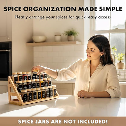 3 Tier Bamboo Spice Rack Organizer for Cabinet – Fits 24 Spice Jars, 17.5” Wide Countertop & Cabinet Organizer for Kitchen Organization, Seasoning Organizer Shelf (Jars Not Included)