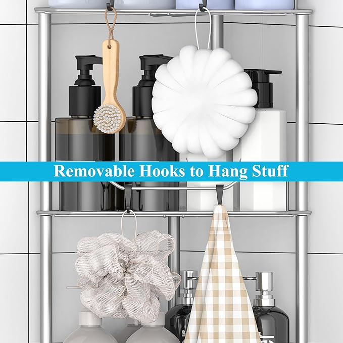 3 Tier Floor Standing Corner Shower Caddy Organizer Shelf with Hooks, Bathroom Shelves Stand Rack, Gray
