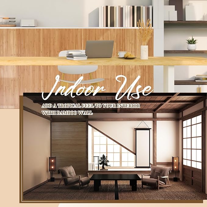 Juexica 3 Pcs Natural Bamboo Wall Panel for Interior Wall 48''x96'' Bamboo Covering Renewable Pole Wainscoting Room Divider Wrap Decor for Bedroom Living Room Kitchen Island Office (Carbonized)