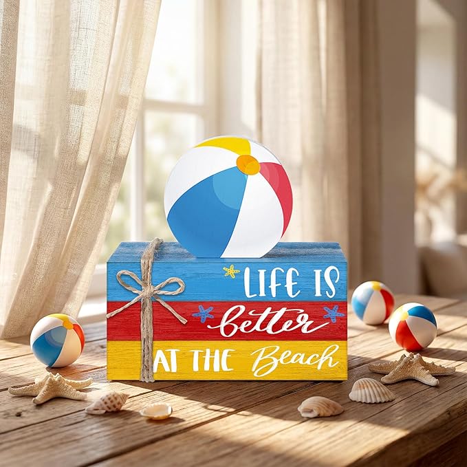 Geelin 4 Pcs Summer Beach Wooden Book Stack Signs, Life is Better at The Beach Tiered Tray Decor, Coastal Nautical Table Shelf Centerpiece for Home Kitchen Living Room House Decorations