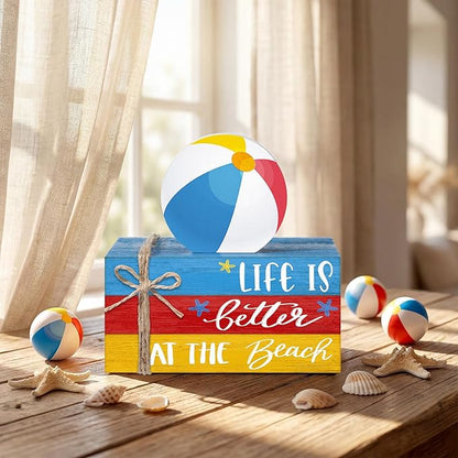 Geelin 4 Pcs Summer Beach Wooden Book Stack Signs, Life is Better at The Beach Tiered Tray Decor, Coastal Nautical Table Shelf Centerpiece for Home Kitchen Living Room House Decorations