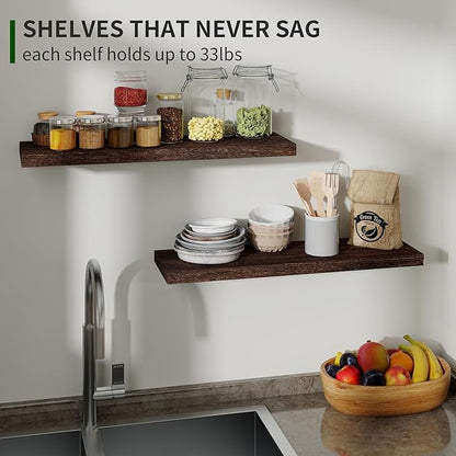 Marsmiles Wood Floating Shelves for Wall Set of 2, 24 Inch Wide Rustic Wooden Floating Shelves, Invisible Wall Mounted Display for Living Room Bedroom Kitchen Bathroom Office, Weathered