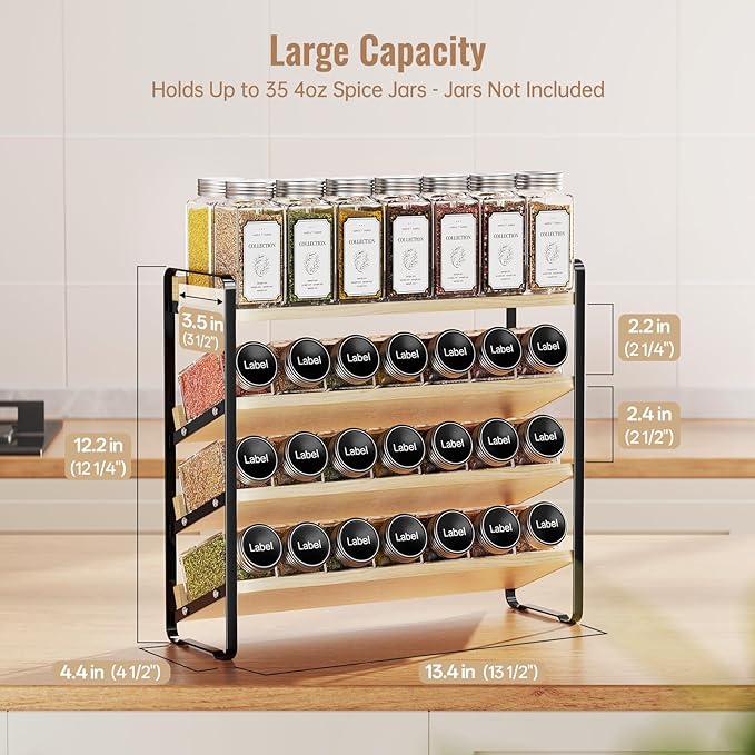 MUDEELA 4 Tier Spice Rack Organizer for Cabinet, Wooden Vertical Spice Shelf, Seasoning Organizer for Countertop, Kitchen, Pantry, Freestanding, 13.4