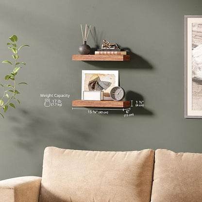 Ballucci Floating Shelves, 16" Wood Wall Shelf Set of 2, with Invisible Brackets for Bathroom, Living Room, Bedroom, Kitchen, Nursery, 6" Deep, Rustic Brown