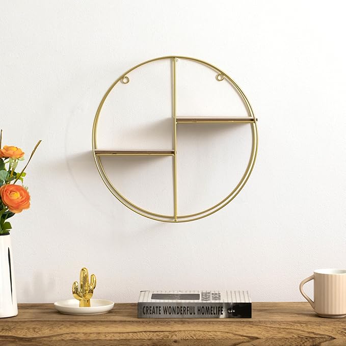 Vintiquewise Elegant 2-Tier Decorative Floating Circular Silhouette Wall Shelf - Circular Metal and Wood Wall-Mounted Shelf for Entryway, Bathroom, Bedroom, and Living Room Decor, Gold Finish