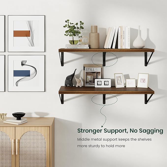 Floating Shelves, 12 Inch Deep Rustic Wood Wall Storage, 36W x 12D Wall Shelves Set of 2, Heavy Duty Metal Brackets, Large Industrial Book Shelf for Living Room, Kitchen, Bedroom, Walnut