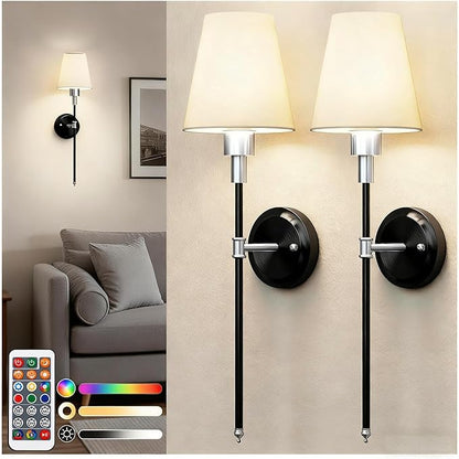 DORESshop Battery Operated Wall Sconce Set of 2, Wireless Wall Light Easy to Install, 7 Color Rechargeable Wall Sconces, Sconce Wall Decor Set of 2 for Bedroom, Living Room, Black and Chrome, 24.6in