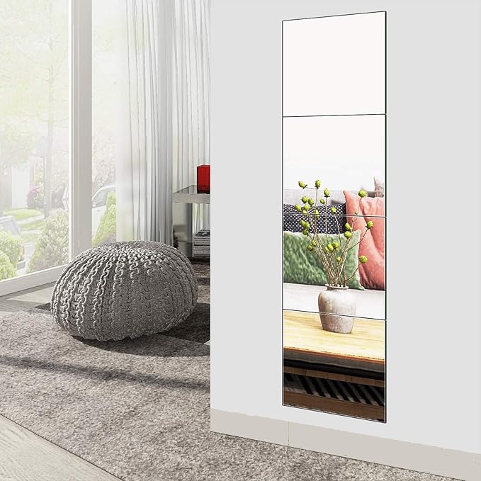 Ruomeng Full Length Wall Mirror Tiles, 12" x 12" x 4Pcs Frameless Wall Mounted Mirror Glass Wall Mirror for Home Gym, Door, Bedroom, Living Room