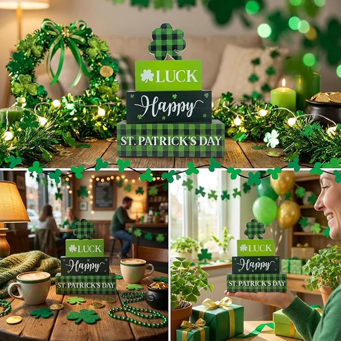 St. Patrick's Day Decorations, 4 Pcs Wooden St. Patrick's Day Table Decorations, Shamrock Tiered Tray Decor, Wooden Table Sign for Desk Shelf Mantel Centerpiece, Indoor Home Decor