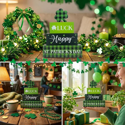 St. Patrick's Day Decorations, 4 Pcs Wooden St. Patrick's Day Table Decorations, Shamrock Tiered Tray Decor, Wooden Table Sign for Desk Shelf Mantel Centerpiece, Indoor Home Decor