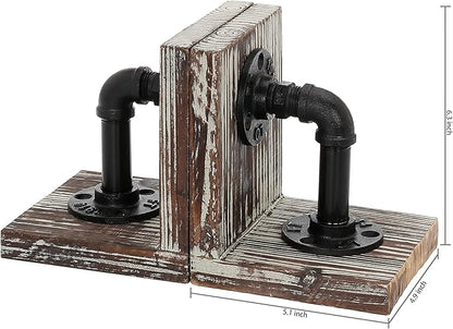 MyGift Decorative Bookends, Office Book Ends for Shelf, Book Holder L-Shaped Stand Desktop, Solid Torched Wood with Realistic Industrial Pipe Design