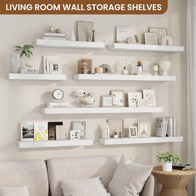 fuqing Floating Shelves for Wall, Wall Mounted Wood Floating Shelf with Invisible Brackets for Living Room, Bathroom, Bedroom, Kitchen Storage and Decor, 20 Inch Set of 2, White