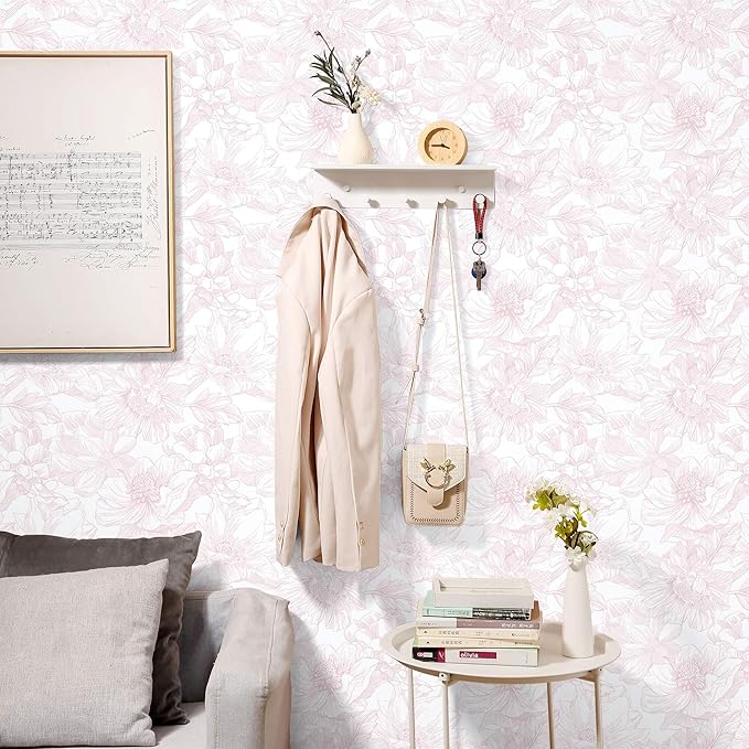 Ismoon Large Floral Peel and Stick Wallpaper Boho White/Pink Contact Paper 17.3inx16.3ft Removable Self Adhesive Bedroom Cabinet Mural Wall Decor Vinyl Roll