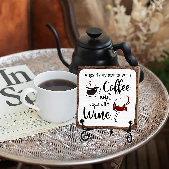 Coffee And Wine Desk Decor Sign, Rustic Wooden Sign With Stand, A Good Day Starts With Coffee And Ends With Wine Sign For Farmhouse Home Kitchen Bar Shelf Table, Gifts For Family Friend Coworker-01