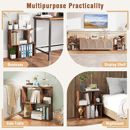 Tangkula 3 Tier Geometric Bookshelf, S Shaped Open Bookcase with Storage, Home Office Decor, Freestanding Wood Display Shelf for Living Room Study, Small Bookshelf for Small Spaces (1, Rustic Brown)