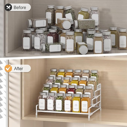 4-Tier-Spice-Rack-Organizer-for-Cabinet, Adjustable Depth Spice Holder Shelf For Countertop Pantry Cupboard, Metal Tiered Seasoning Organizer,Display Shelf Riser (White-2 Pack)