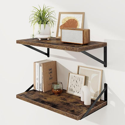 Floating Shelves, 12 Inch Deep Rustic Wood Wall Storage, 24W x 12D Wall Shelves Set of 2, Heavy Duty Metal Brackets, Large Industrial Book Shelf for Living Room, Kitchen, Bedroom, Brown