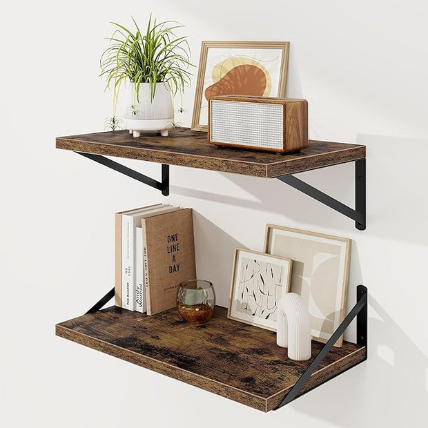 Floating Shelves, 12 Inch Deep Rustic Wood Wall Storage, 24W x 12D Wall Shelves Set of 2, Heavy Duty Metal Brackets, Large Industrial Book Shelf for Living Room, Kitchen, Bedroom, Brown