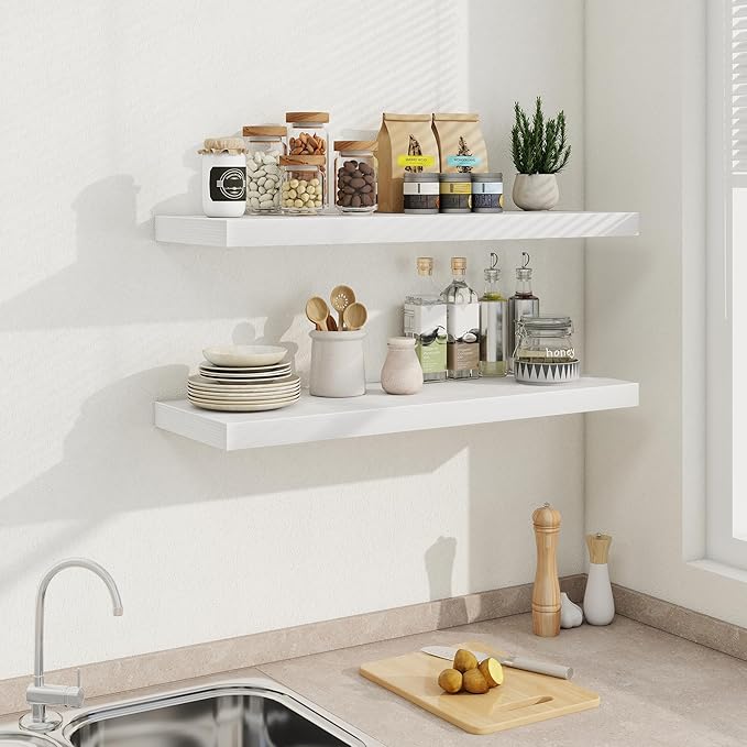Fun Memories White Floating Shelves 36 Inch Long, 9.3 Inch Deep Floating Shelf 2 Pack for Wall Bathroom, Living Room, Kitchen, Large Long Wall Shelves with Heavy-Duty Bracket for Books Decor