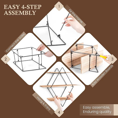 Modern Wooden Floating Wall Shelf Decor for Wall Storage – Geometric Design Decorative Wall Mount 3-Tier Hanging Shelf Plant Display for Bedroom, Living Room, Bathroom, Kitchen